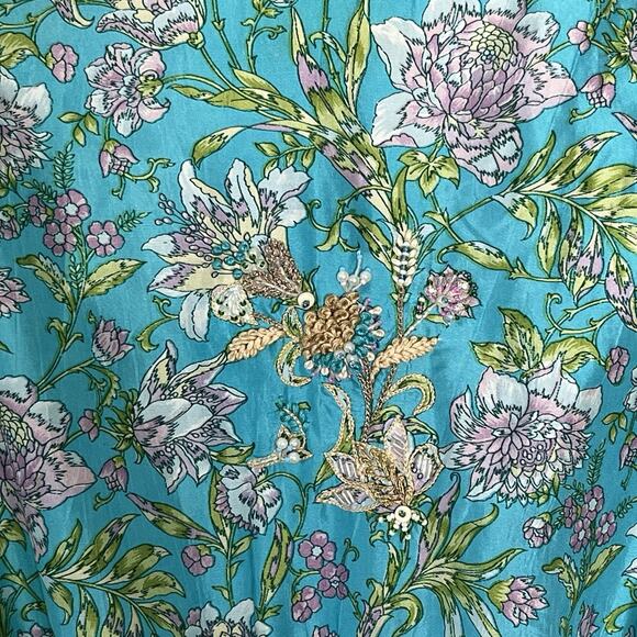 Leaves Of Grass Maxi Dress Sz 38 Medium Silk Hand Embroidered Ruffled Pockets - Picture 9 of 13